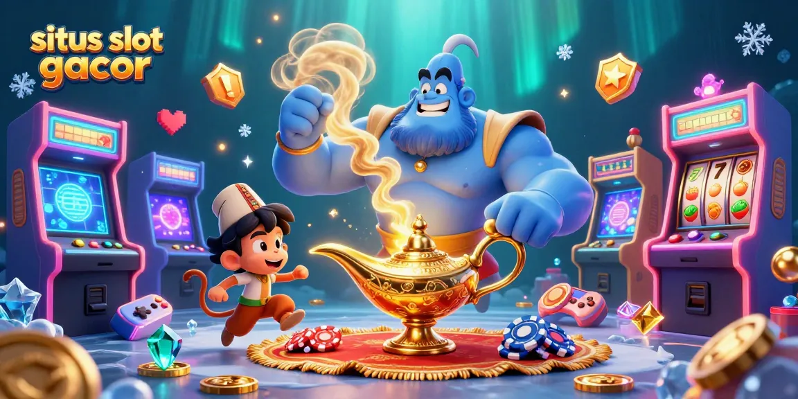 Experience situs slot gacor adventures with a vibrant 3D casino illustration of a genie, monkey, and poker chips.