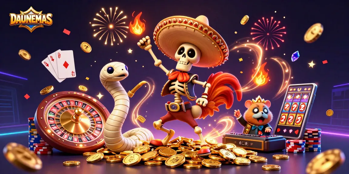DAUNEMAS celebrates thrilling casino adventures with vibrant 3D characters and dynamic elements.