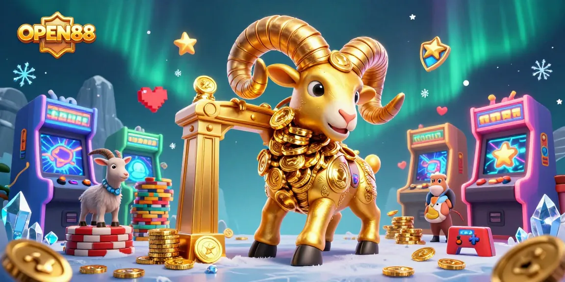 Engage in thrilling adventures with OPEN88 as the massive golden ram charges through a vibrant casino scene filled with gaming elements.