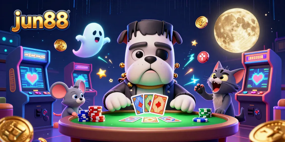 Experience thrilling card games at jun88 with a cartoon bulldog dealer and ghost mouse.