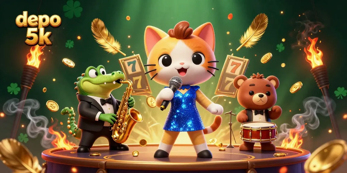 Experience thrilling action in a vibrant casino scene with depo 5k featuring jazzy performers and dynamic game symbols.