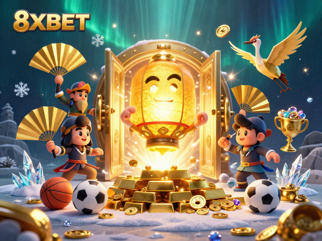 Experience excitement with 8XBET's vibrant sports betting casino featuring golden lantern spirit and lucky symbols