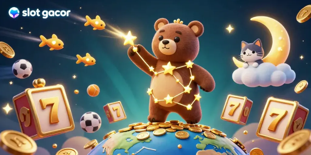 Engage with slot gacor in a vibrant casino scene featuring golden star bear and jackpot elements.