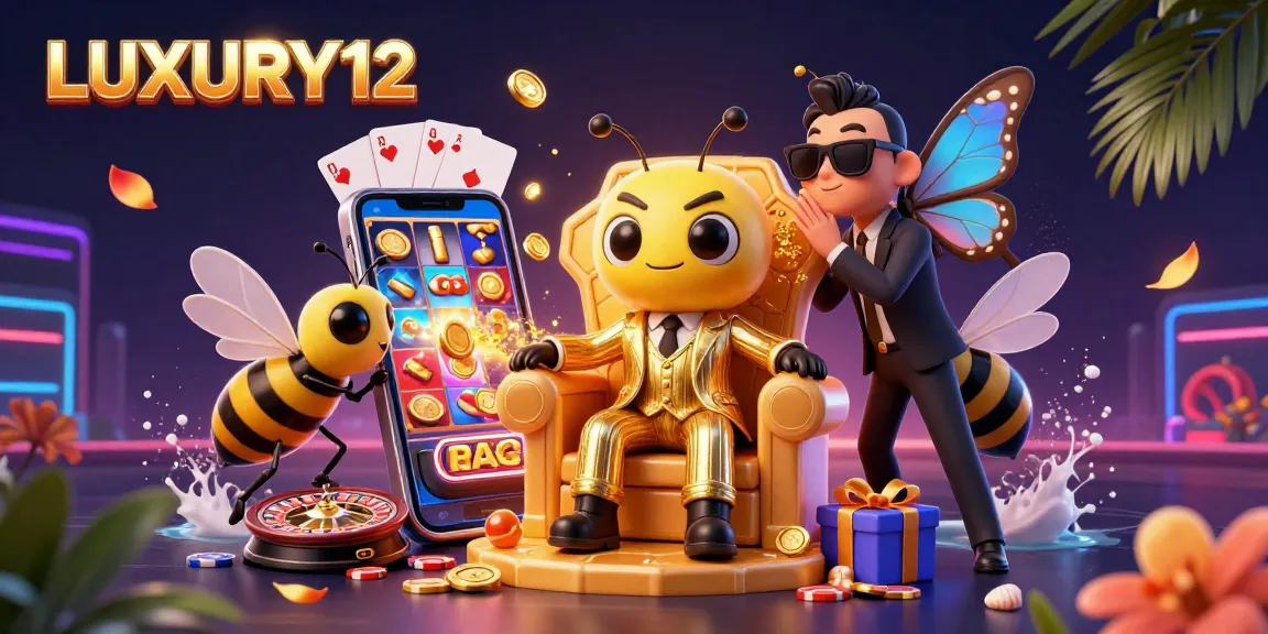 LUXURY12 engages players with thrilling slot games in a lively 3D casino scene featuring a bumblebee mob boss.