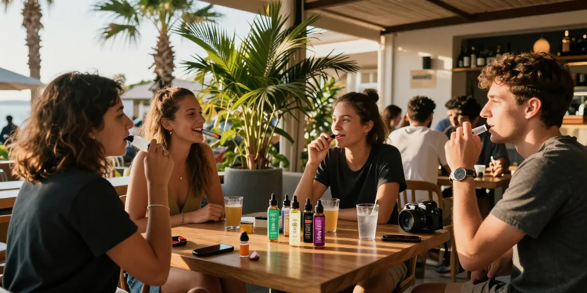 Is vaping legal in Cyprus illustrated by a vibrant outdoor scene of friends enjoying vape products amid wellness and laughter.