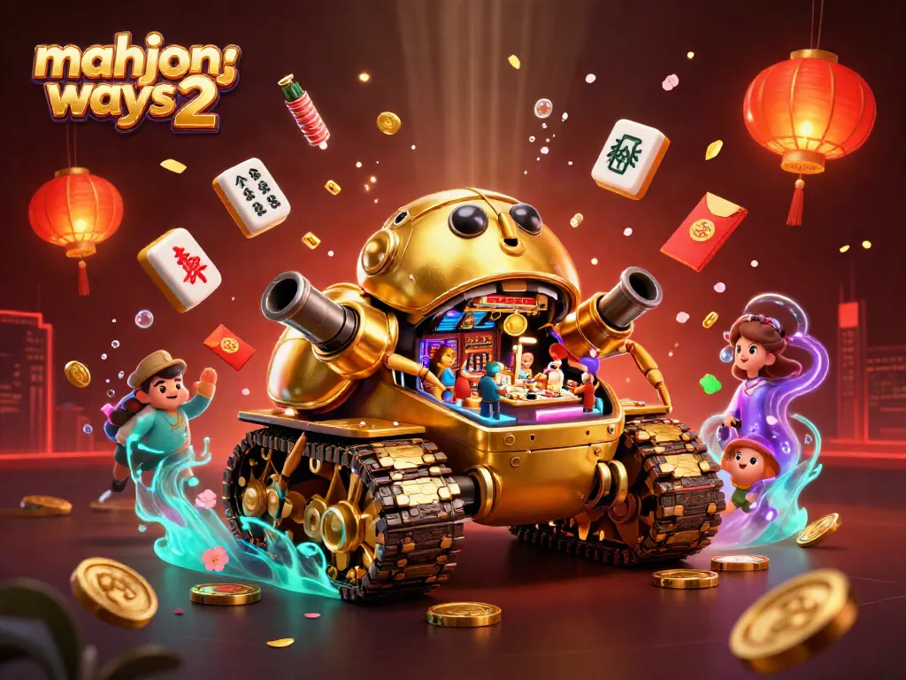 Engage in thrilling Mahjong Ways 2 action within a vibrant casino setup featuring a golden beetle tank.