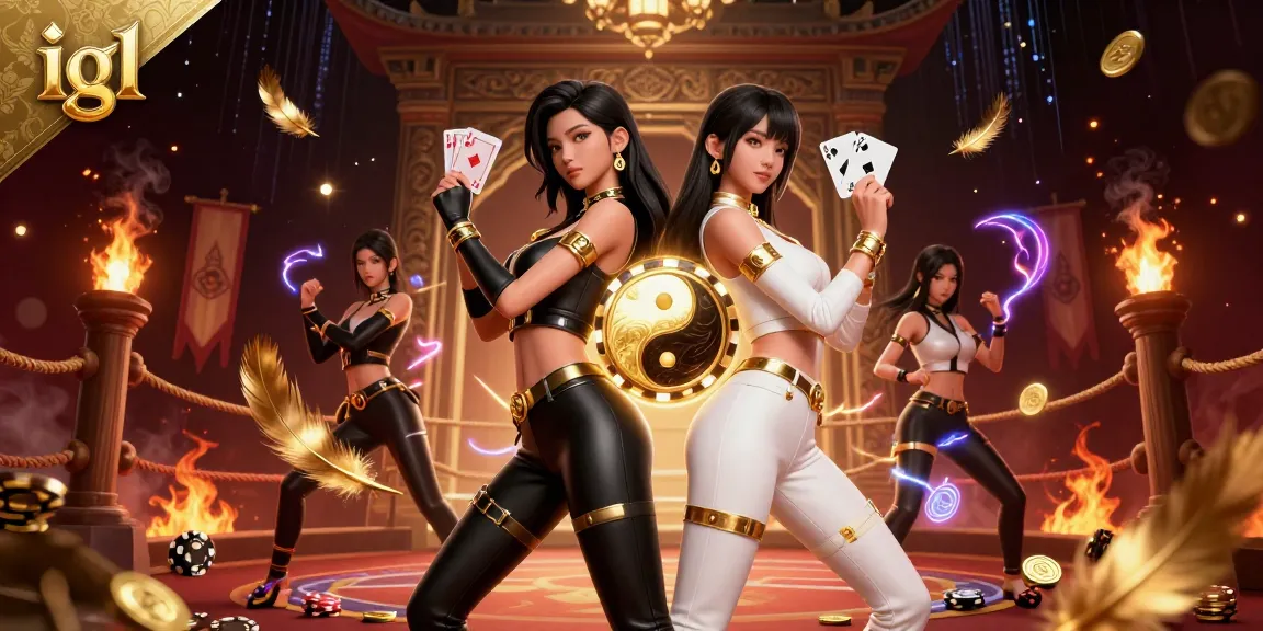 Exciting igl casino scene featuring stunning twin Asian women with playing cards and dramatic gaming elements.