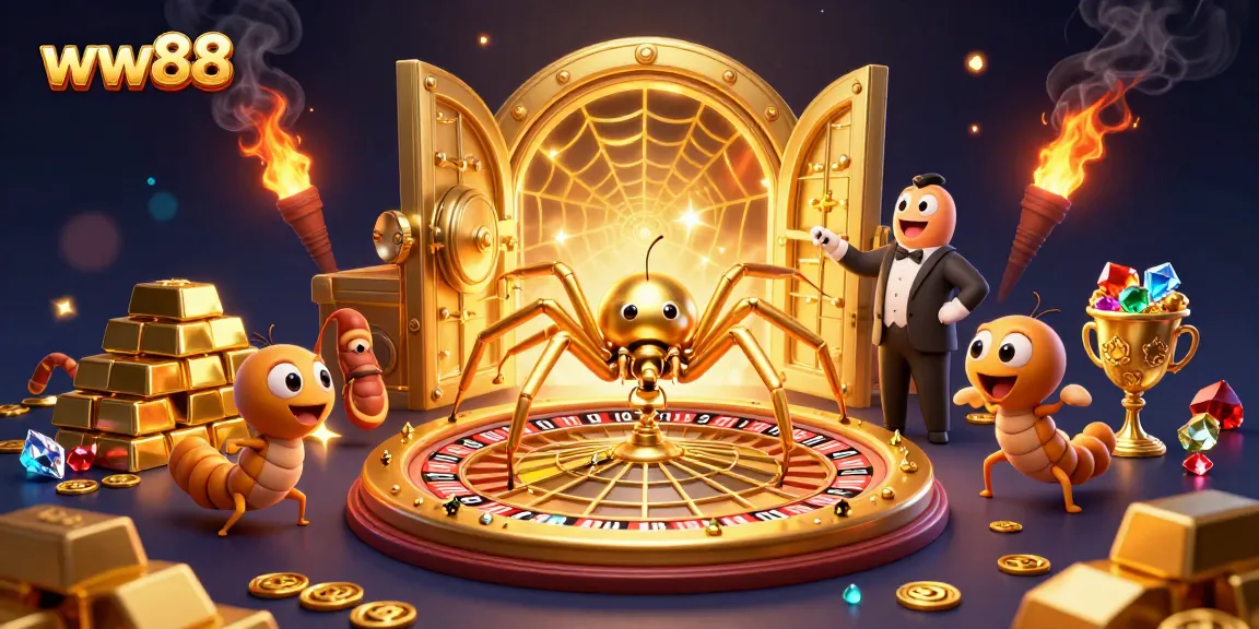 Experience thrilling gameplay at ww88 with a 3D cartoon portrayal of a spider, web, and gem-filled casino.