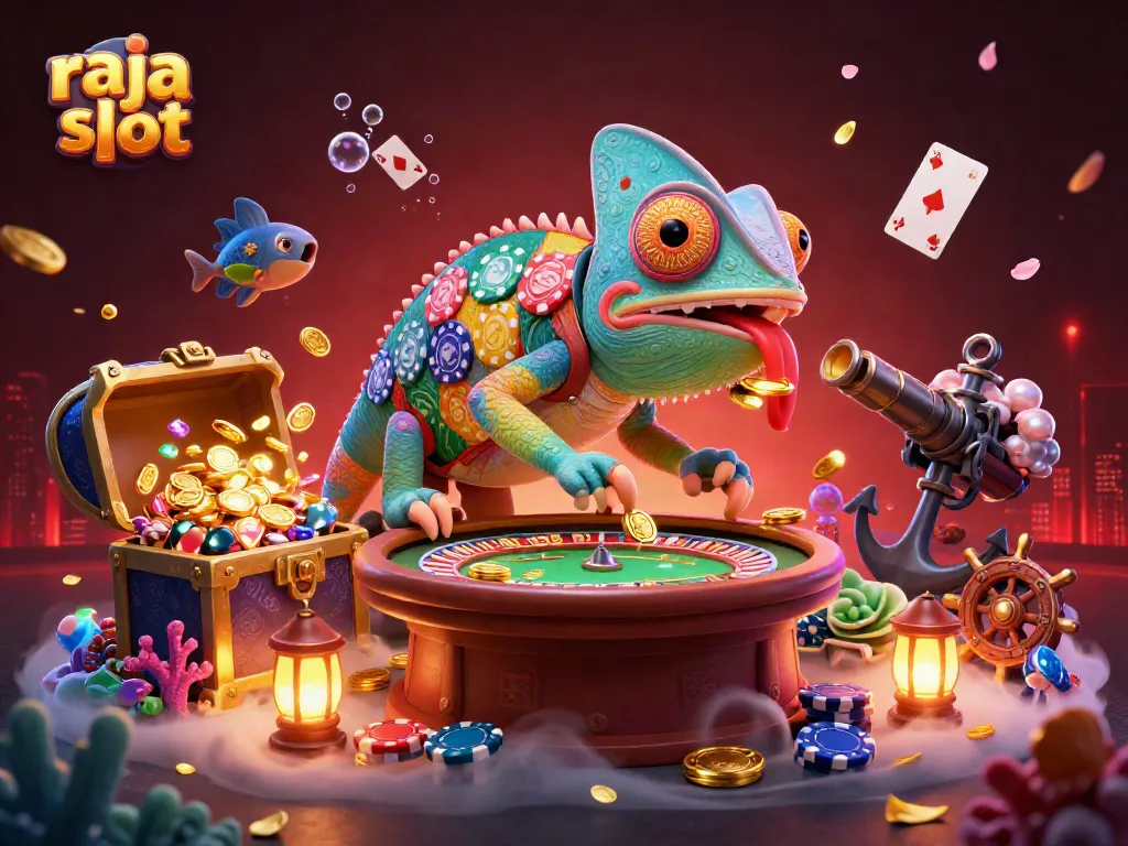 Raja slot memperlihatkan pemilik kasino chameleon 3D yang menangkap koin emas dan dikelilingi elemen permainan kasino menarik.