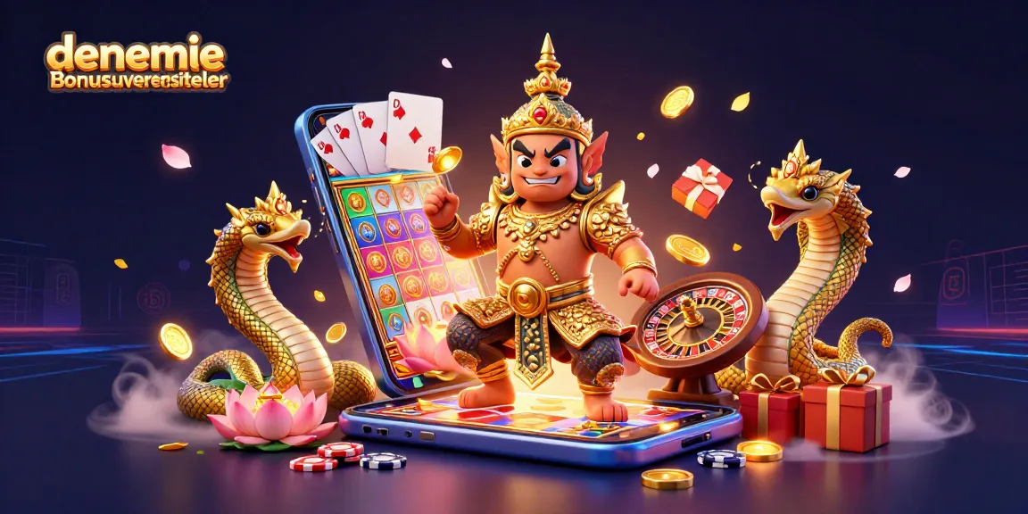 Engage with denemebonusuverensiteler's vibrant 3D casino scene featuring golden guardian and dynamic game elements.