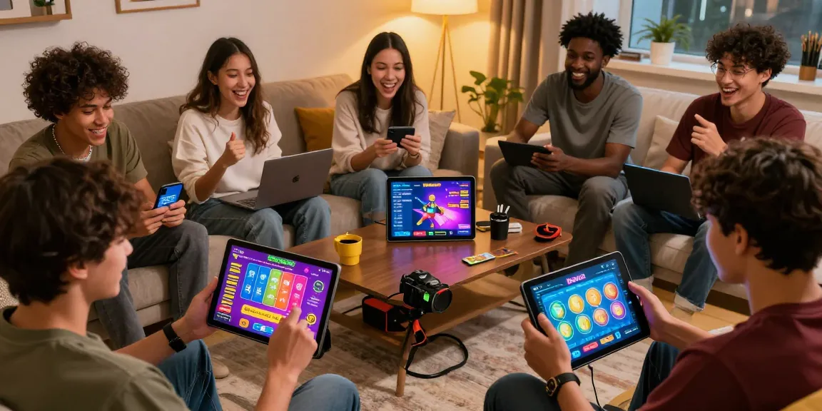 Players enjoying jaiclub games in a lively living room with colorful screens and joyful interactions.