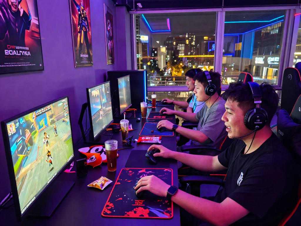 Group of gamers enjoying slot120 in a vibrant gaming lounge.