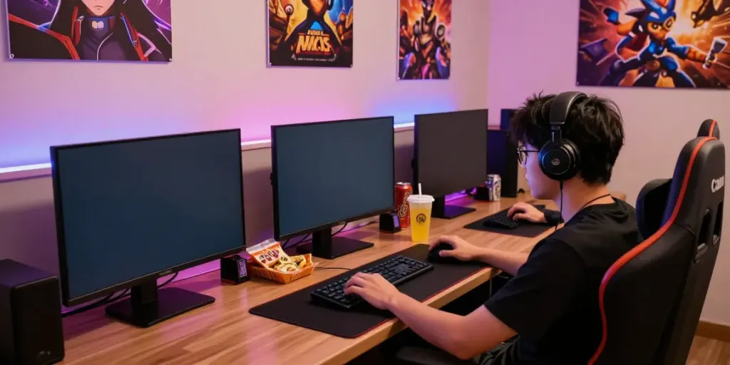 Seorang pemain menikmati Mahjong Ways 2 di meja gaming modern dengan aksesoris dan suasana menyenangkan.