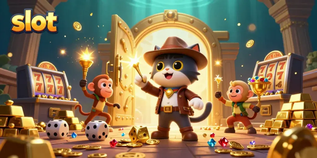 Join a cat archaeologist on a quest for slot treasures in a dazzling casino artifact scene.