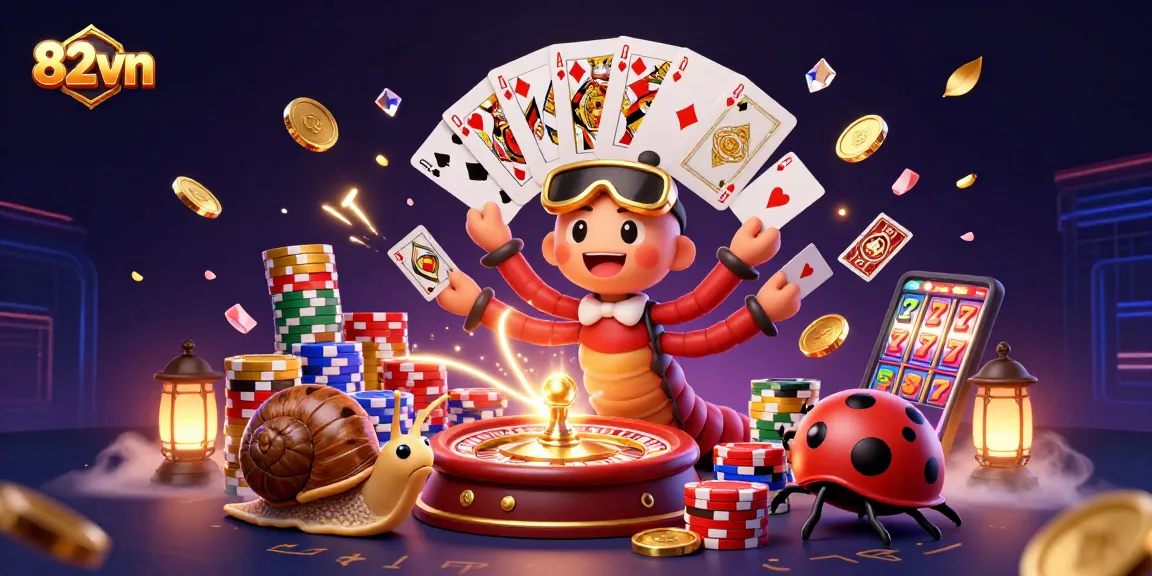 Play and win with the 82vn casino dealer and exciting card stacks in a vibrant gaming scene.