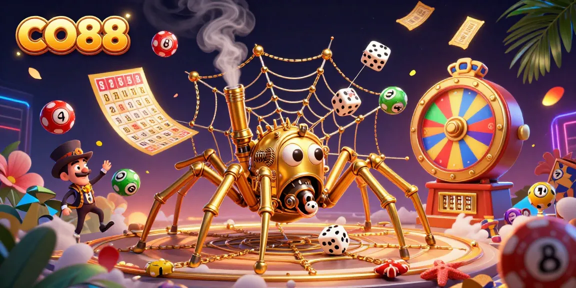 CO88 engages players with a vibrant scene of a golden spider and lottery balls in a dynamic casino-themed illustration.