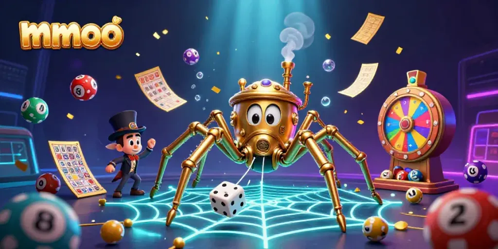 Engage in mmoo gaming with a whimsical scene featuring a steampunk spider and playful lottery elements.