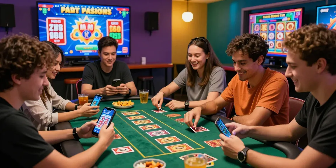 Friends enjoying games on Slots PK app link at a lively gaming table with exciting rewards