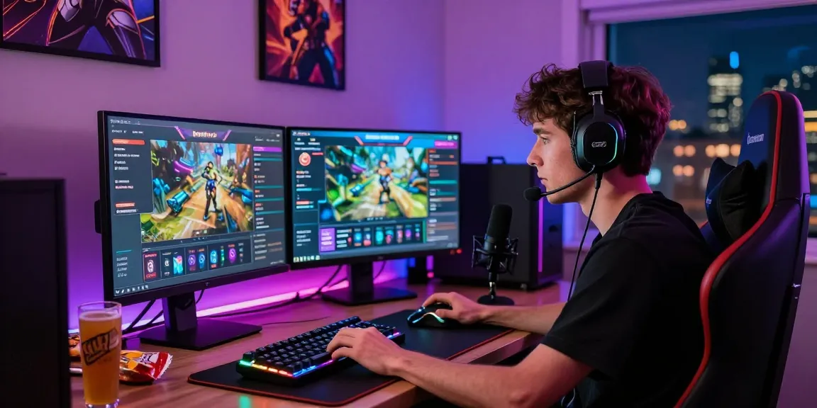 Engaged gamer focused on benihtoto game setup with vibrant gaming accessories and immersive atmosphere in a modern gaming room.