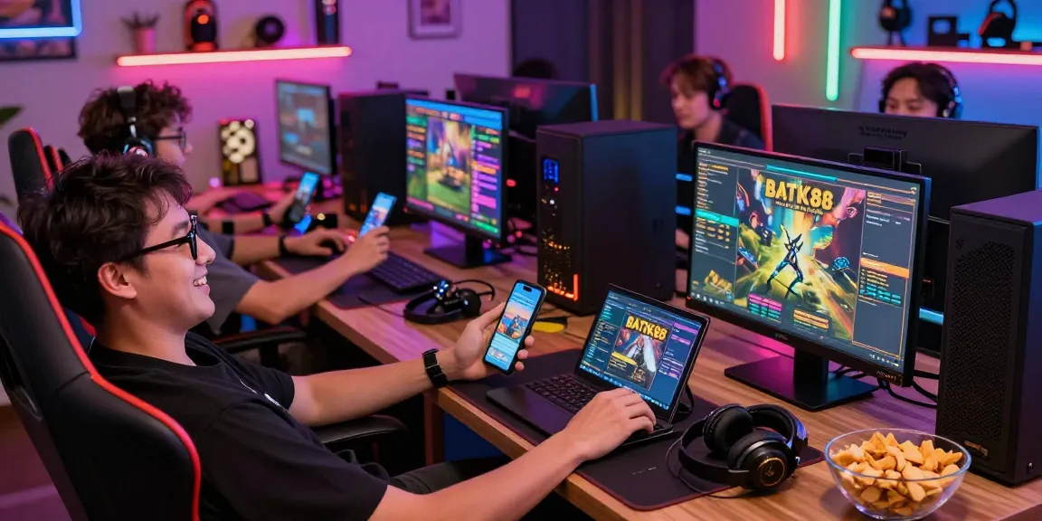 Pengalaman bermain BATIK88 yang menyenangkan di berbagai perangkat dalam suasana lounge gaming yang ceria.