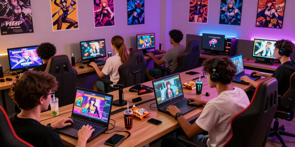 Engaged players enjoying hentai games on various devices in a colorful gaming lounge.