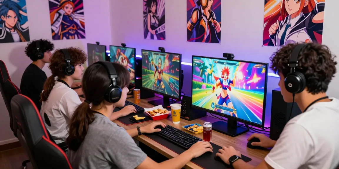 Group of friends enjoying an exciting hentai game on a vibrant gaming setup.