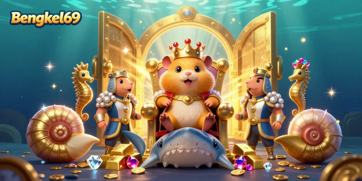 Bengkel69 slot game illustration featuring a hamster king and treasures in underwater casino.
