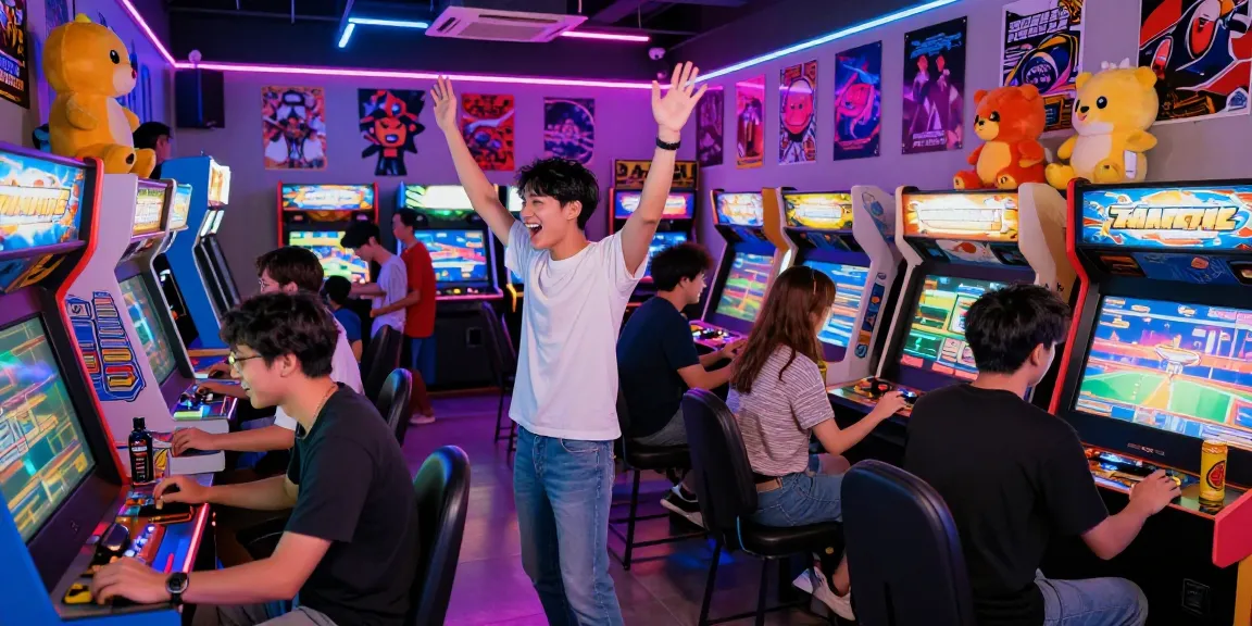 Friends joyfully playing arcade games at a hit club, vibrant neon lights creating an exciting atmosphere.